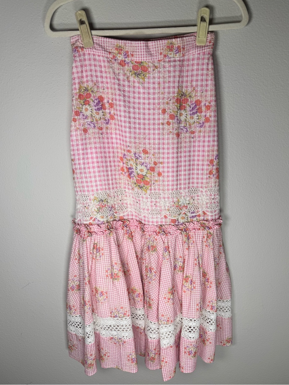 LoveShackFancy Arla Midi Skirt Pink Gingham Floral Lace Seersucker XS